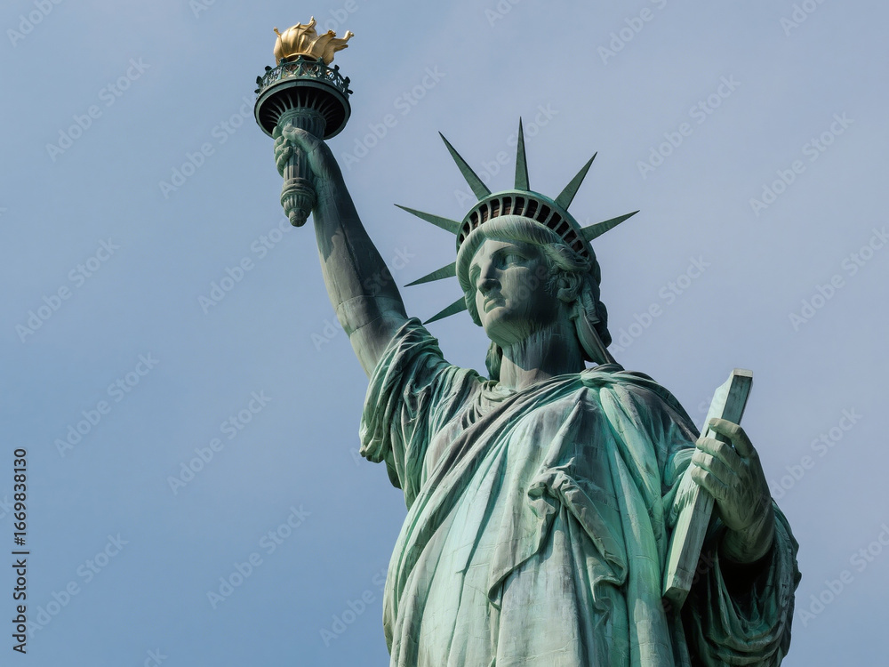Fototapeta premium Detailed close-up of the Statue of Liberty in New York City, focusing on her face, crown, raised torch, and the book in her left hand. The image captures the symbolic details of this iconic American