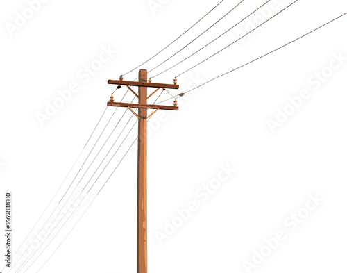 Wooden utility pole with electric power lines, isolated on white background, electricity transmission structure, vector illustration, rural energy distribution design.