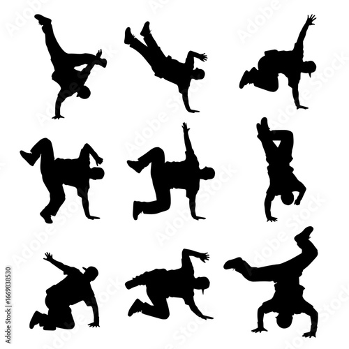 Dynamic Silhouettes Of Breakdancers Performing Street Dance Moves In White Studio
