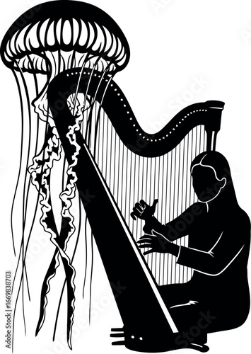 Surreal harpist plays music with jellyfish underwater fantasy art vector