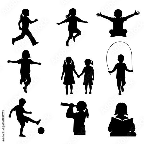 Group of children various poses standing in row vector silhouette set.