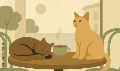 Cozy Café Cats – Minimalist Vector Scene with Coffee and Sunlight, soft brown, muted green, gentle grey, cat lovers, digital artwork