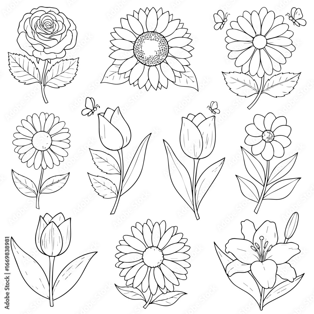 Hand drawn flower patterns for coloring pages	