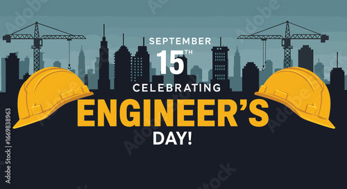 Engineer’s Day Celebration Graphic – City Skyline, Construction Cranes, Yellow Helmets, and Bold Typography
