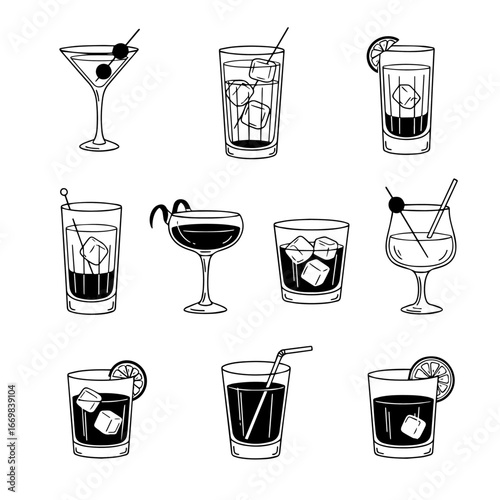 Assorted Cocktail Glasses and Drinks Collection With Ice and Garnish for Social Gatherings