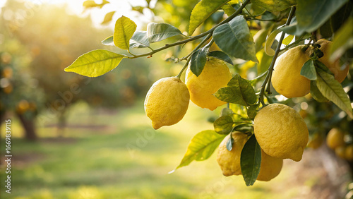 Lemon hanging on tree in garden, Lemon on tree branch in natural warm sunlight background