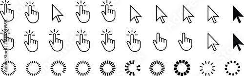 Mouse cursor icons with hand click, pointer arrow, and loading spinner animations for web design