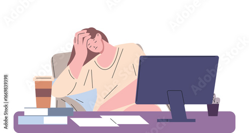 Tired woman at her desk. Burnt out employee, freelancer or student. Studying at night, hard work, creative crisis. Young adult exhaused, vector scene