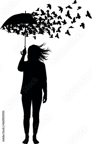 Silhouette woman umbrella birds dissolving freedom hope vector
