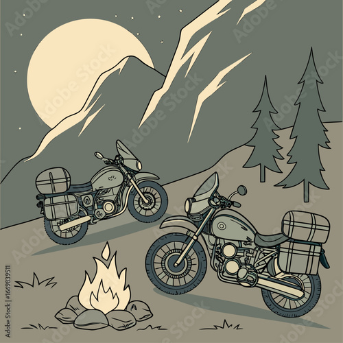 Motorcycle camping under the moon in a mountain landscape, vector illustration