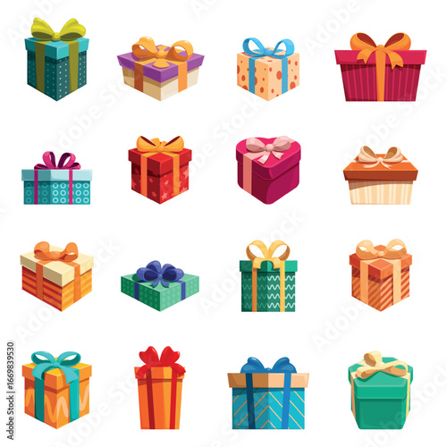 Present boxes. Cartoon gift paper packing, different bows and ribbons. Decorative pack, gifts for christmas, birthday, valentines day, party, sapid vector clipart