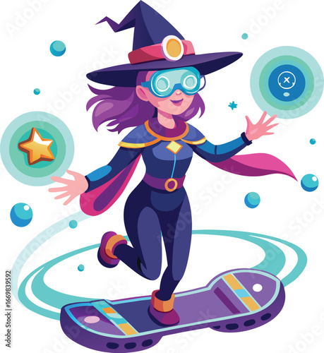 Young witch with purple hair wearing futuristic goggles and riding a hoverboard
