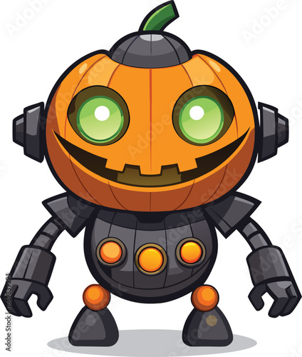 Cute cartoon robot with a pumpkin head and glowing green eyes