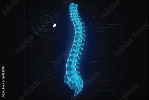 High-tech vector illustration of human spine with pelvis and glowing digital lines, suitable for futuristic medical or technological designs.