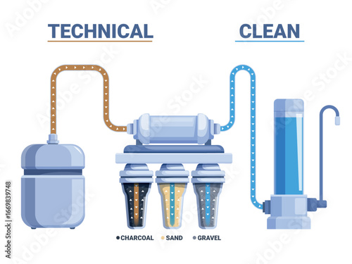 Water home filter system cut. Aqua filtering process, technical water passes through different filters, coal, sand, gravel. Purification sapid vector banner
