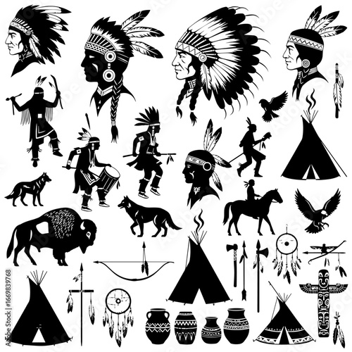 Silhouettes Depicting Traditional Indigenous Lifestyle and Cultural Elements

