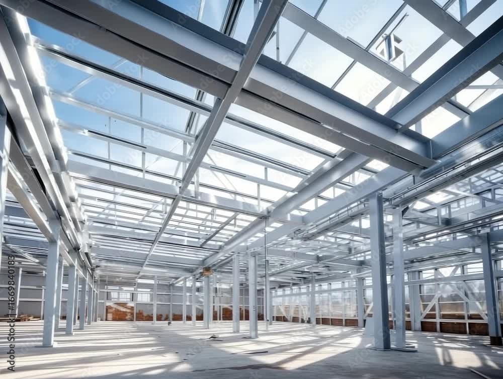Modern construction of an industrial facility with bright natural light and open space showing steel framework in a new building Modern construction of an industrial facility with bright natural light and open space showing steel framework in a new building