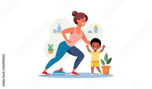 Mother and child exercising together at home