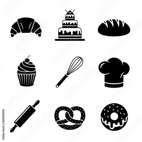 Set of 9 black bakery doodle illustration on white background. Hand-drawn bakery elements vector collection.	