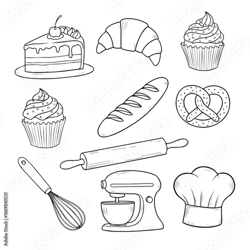 Set of 9 black bakery doodle illustration on white background. Hand-drawn bakery elements vector collection.	