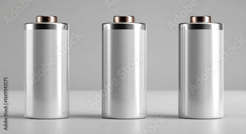 Three white cylindrical batteries, metallic tops