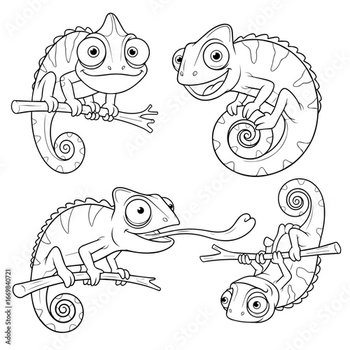 Playful Cartoon Chameleons Perching On Branches In A Bright White Background For Stock Illustration Design