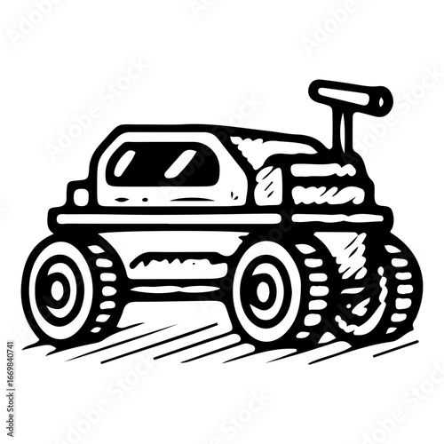 Black line art space rover with robotic arm and wheels, suitable for astronomy, robot stock illustrations