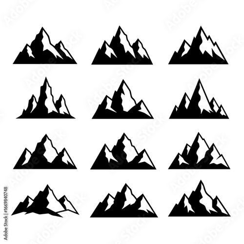 Collection of Black Silhouette Mountain Designs for Logos and Illustrations

