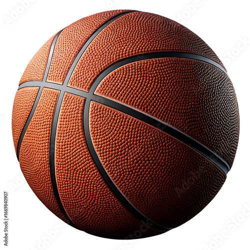 A closeup studio shot of a basketball against a transparent background highlights its textured surface and iconic orange color