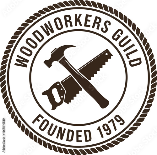 Vintage woodworkers guild emblem with hammer and saw tool icon vector