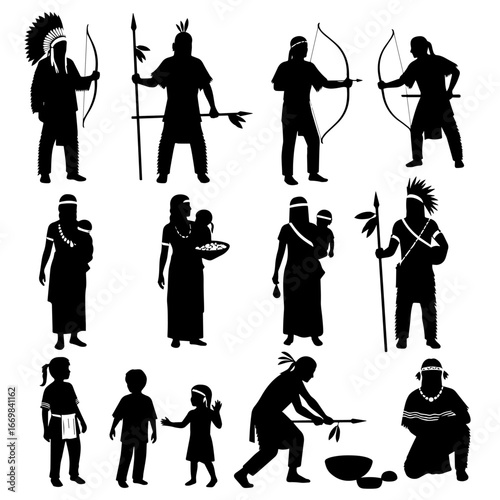 Silhouettes Depicting Traditional Indigenous Lifestyle and Cultural Elements
