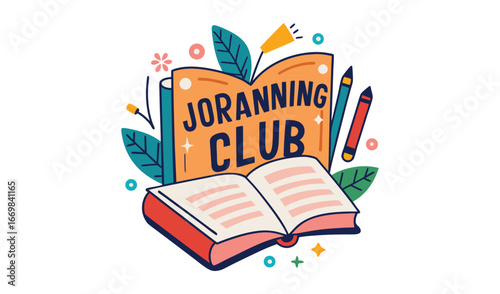 Open book with joranning club title and pencil surrounded by leaves and flowers