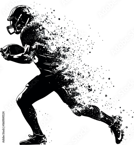 Dynamic football player silhouette bursting into particles motion abstract art vector