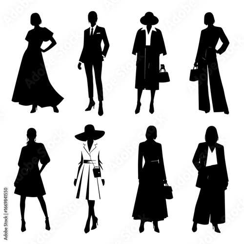 Set of fashion woman model silhouette.	
