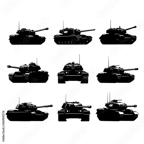 Set of Nine Black Tank Silhouettes in Various Approaching Angles

