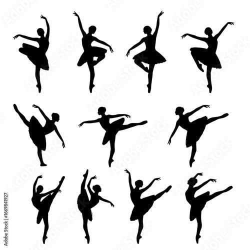 Ballet dancers performing graceful poses silhouettes	