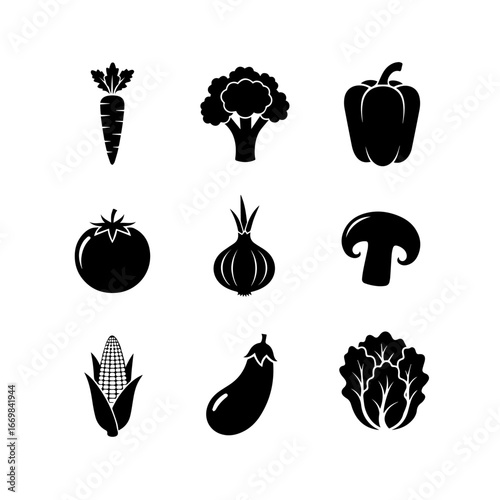 Collection of Silhouette Vegetable Icons Representing Various Fresh Produce Items

