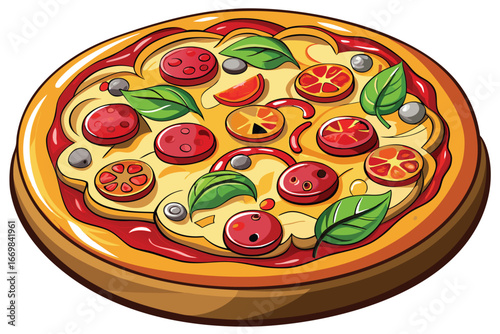 Delicious Cartoon Pizza with Tomatoes and Basil Toppings A Visually Appealing and Mouthwatering Food Illustration