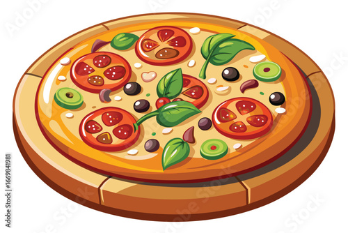 Delicious Cartoon Pizza with Tomatoes and Basil Toppings A Visually Appealing and Mouthwatering Food Illustration