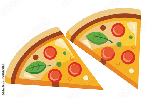 Colorful Cartoon Pizza Slices with Various Toppings and Fresh Basil Leaves Arranged Artistically on a White Backdrop