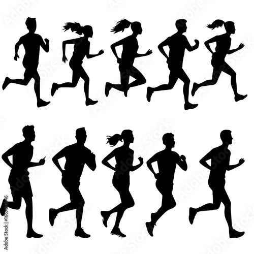 Set of 9 icon silhouette Black separate people do fitness silhouette isolated vector on white background.	