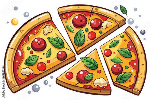 Colorful Cartoon Pizza Slices with Various Toppings and Fresh Basil Leaves Arranged Artistically on a White Backdrop