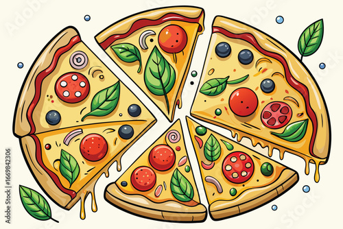 Colorful Cartoon Pizza Slices with Various Toppings and Fresh Basil Leaves Arranged Artistically on a White Backdrop