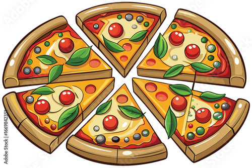 Colorful Cartoon Pizza Slices with Various Toppings and Fresh Basil Leaves Arranged Artistically on a White Backdrop