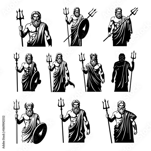 Collection of Ancient Greek God Illustrations Featuring Poseidon with Trident and Shield