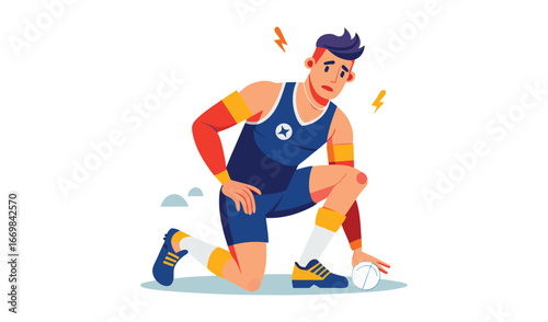 Athlete kneeling in pain with sweat drops and blurred background