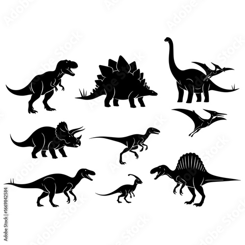 Dinosaur Silhouettes Collection: Stegosaurus, T-Rex, Brontosaurus and More in Black Abstract Figures