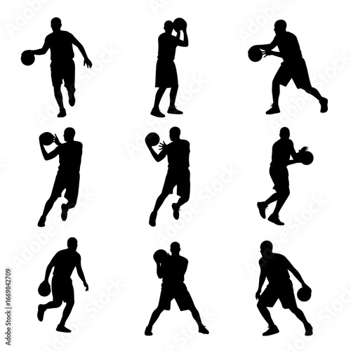 People playing basketball in different poses. Large set of black silhouettes of women and men playing with a ball	