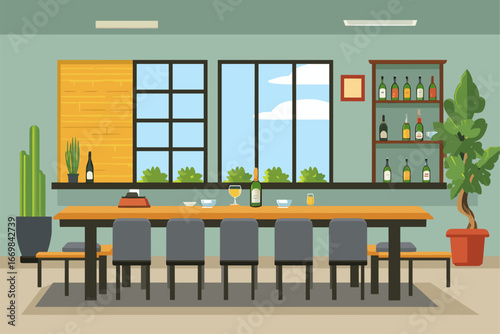Stylish Modern Dining Room with Large Table and Bar Area