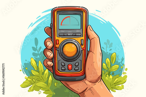 Hand Holding a Digital Multimeter with Colorful Design Against a Nature Background